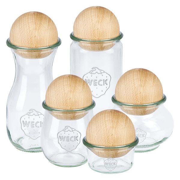 WECK RR80 Gläser-Set mit UNiTWIST Holzkugeln aus Buche - verschiedene Größen mit natürlichen Holzdeckeln
