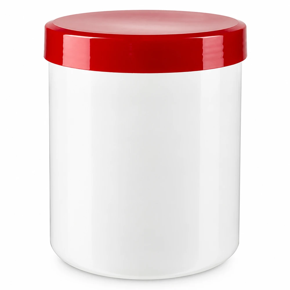 Salbenkruke 200g weiß mit rotem Schraubdeckel (Polypropylen) Salbenkruke 200g weiß mit rotem PP-Schraubdeckel für professionelle Abfüllung im Fachhandel