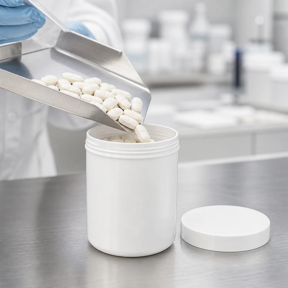 Salbenkruke 50g weiß mit weißem Schraubdeckel (Polypropylen) Weiße PP-Salbenkruke 50g mit Schraubdeckel für professionelle pharmazeutische Abfüllung im Fachhandel