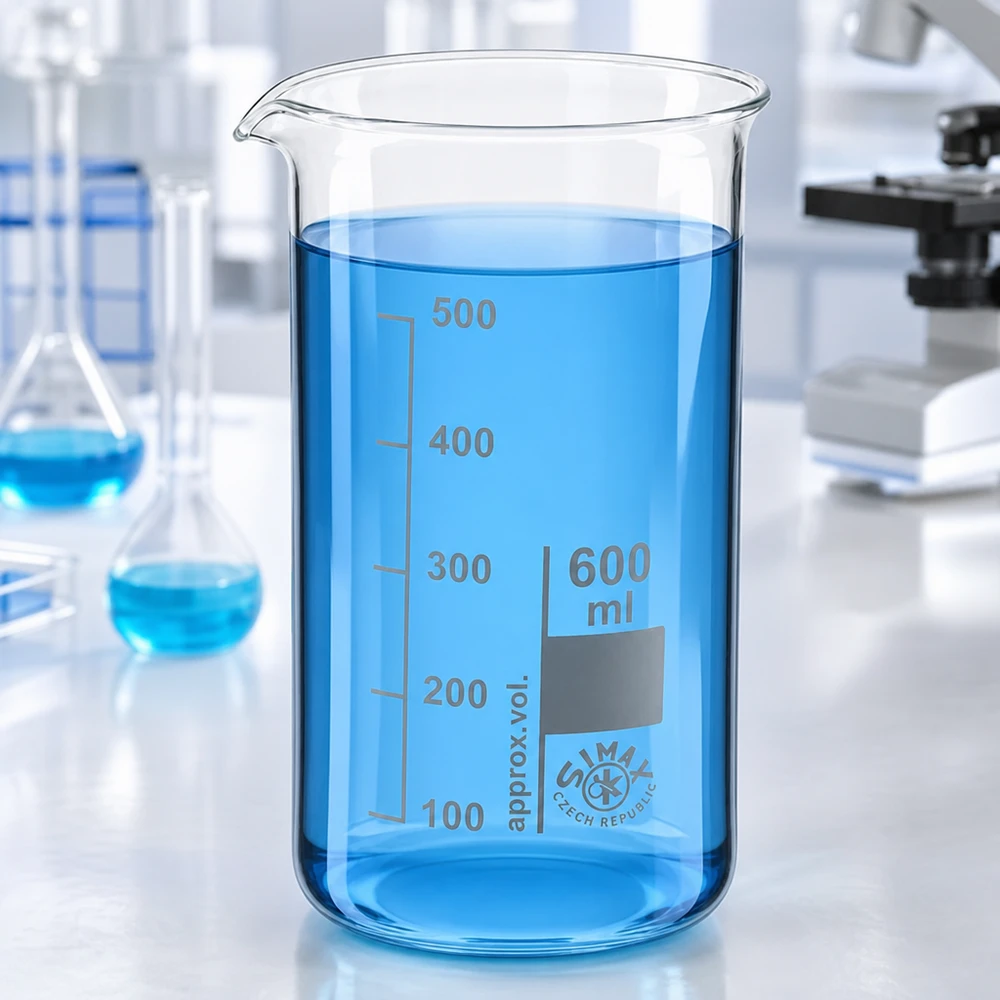 Becherglas 600ml Borosilikatglas, hohe Form Becherglas 600 ml hohe Form aus Borosilikatglas mit blauer Flüssigkeit im Labor von Simax
