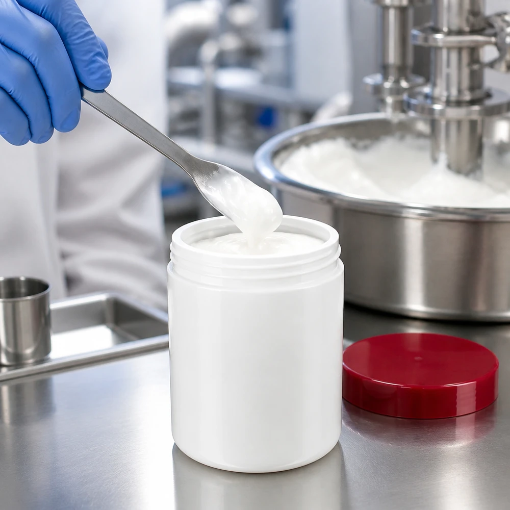 Salbenkruke 150g weiß mit rotem Schraubdeckel (Polypropylen) Salbenkruke 150g weiß PP-Kunststoff mit rotem Schraubdeckel für pharmazeutische und kosmetische Abfüllung