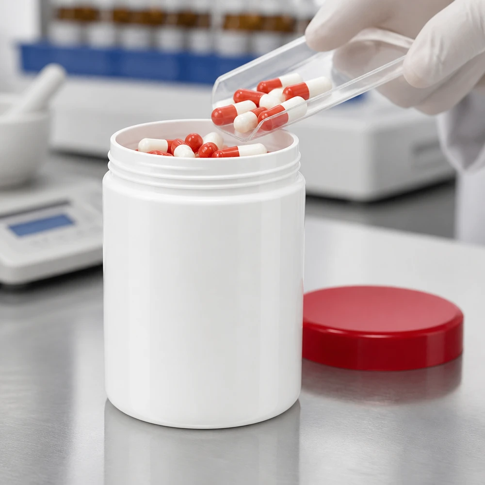 Salbenkruke 800g weiß Kunststoff PP mit rotem Schraubdeckel für pharmazeutischen Laboreinsatz