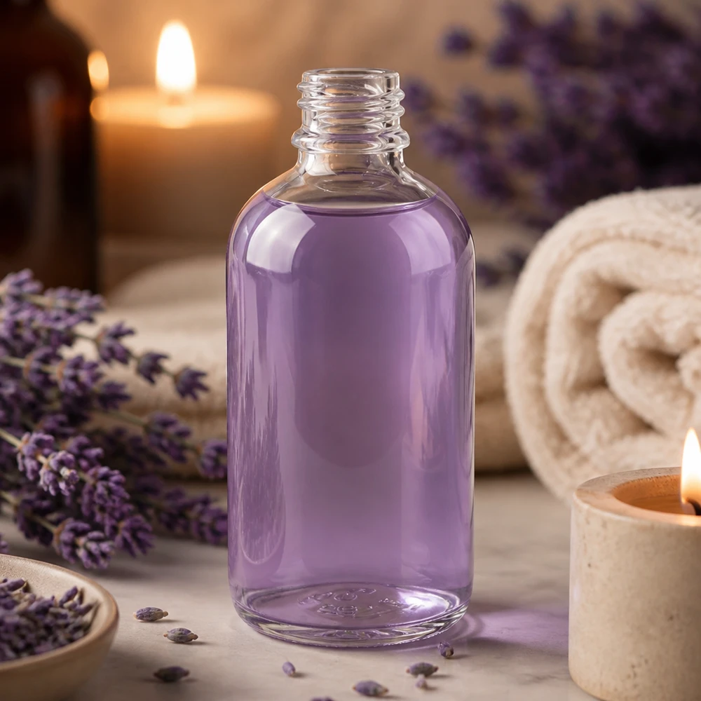 100ml Apothekerflasche ClearLine DIN18 aus Klarglas mit Lavendelöl befüllt für gewerblichen Einsatz