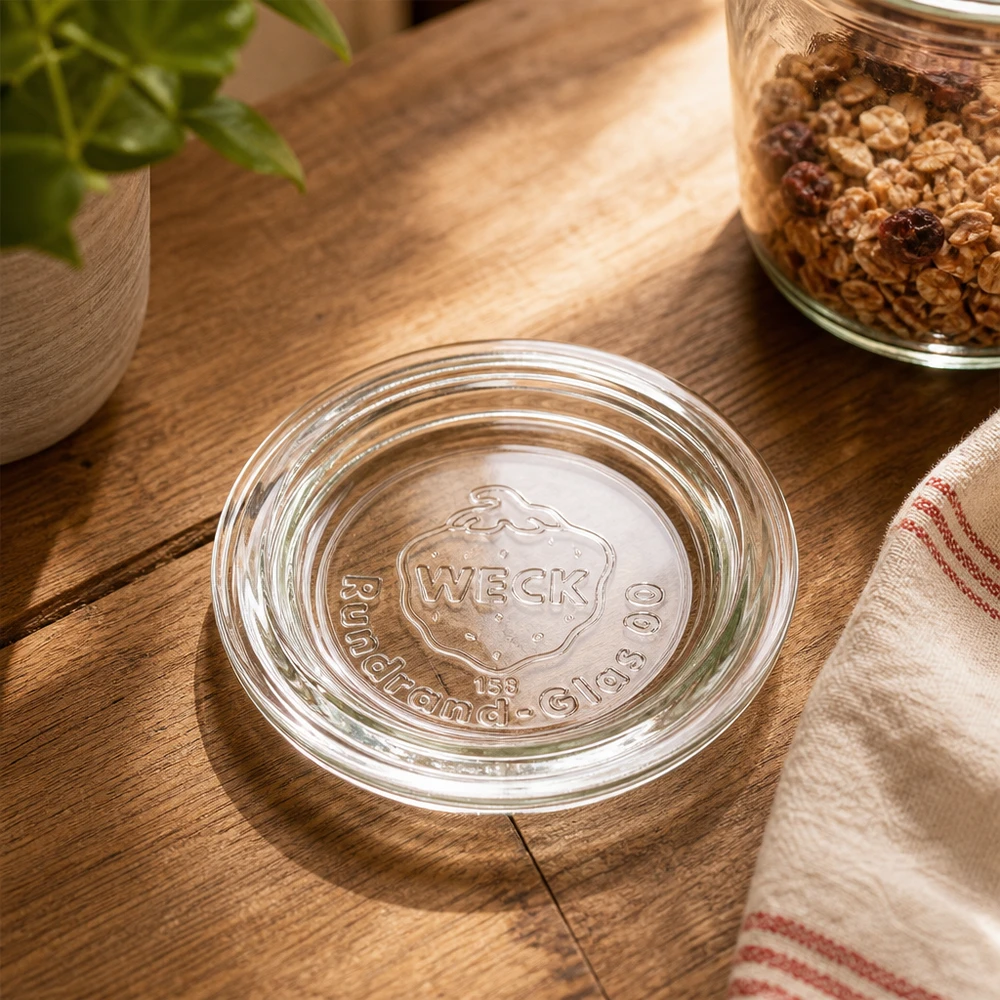 WECK Glasdeckel RR60 transparent auf Holztisch mit Müsli-Vorratsglas und Küchentextil rustikale Küchenszene