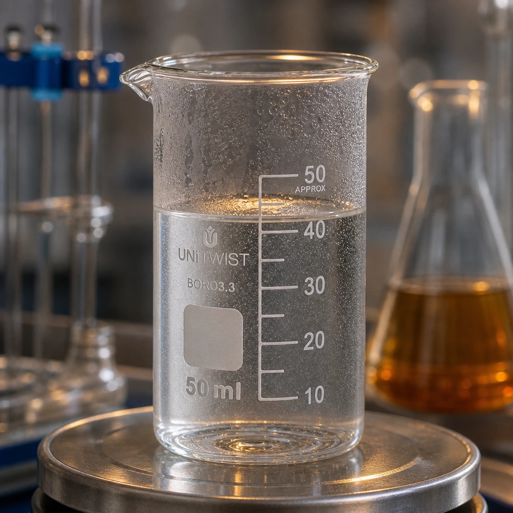 Becherglas 50ml Borosilikat hohe Form UNITWIST im Labor auf Waage mit Messskala