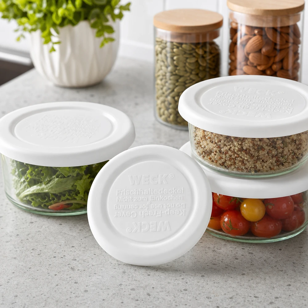 WECK Frischhaltedeckel RR40 WECK Frischhaltedeckel RR40 für Glasschalen mit Quinoa, Tomaten und Salat - vielseitige Küchenaufbewahrung