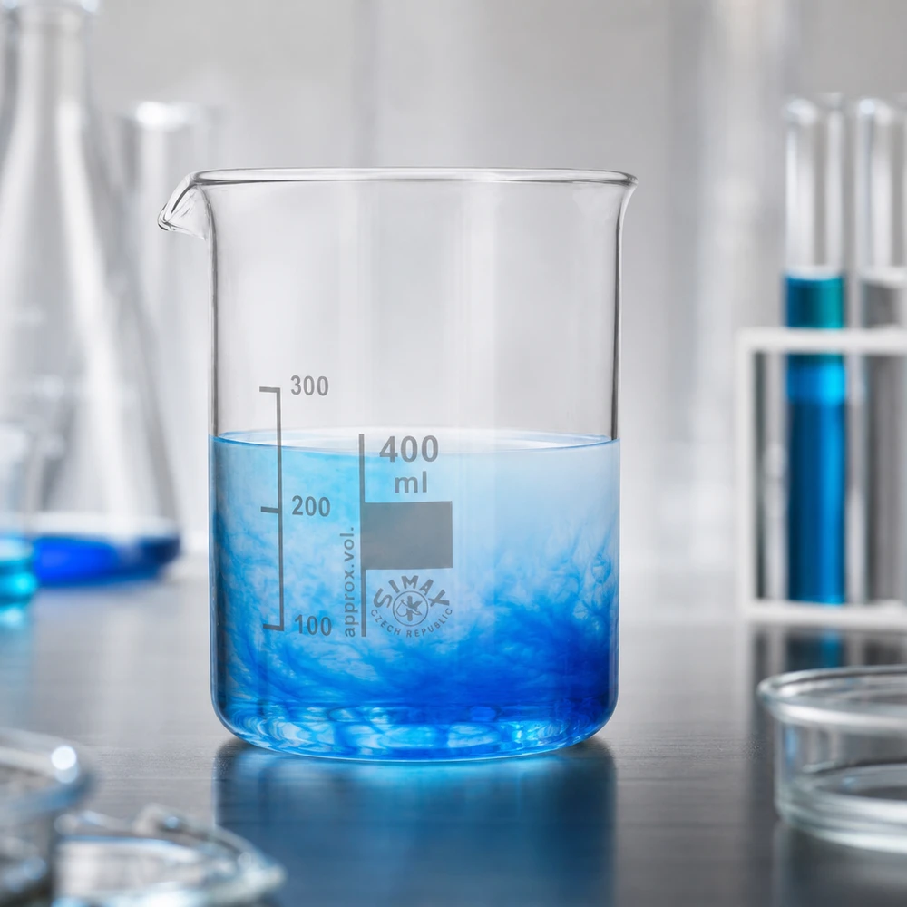 Becherglas 400ml Borosilikatglas, niedrige Form Becherglas 400ml Borosilikatglas niedrige Form für Labor und Industrie mit blauer Flüssigkeit gefüllt