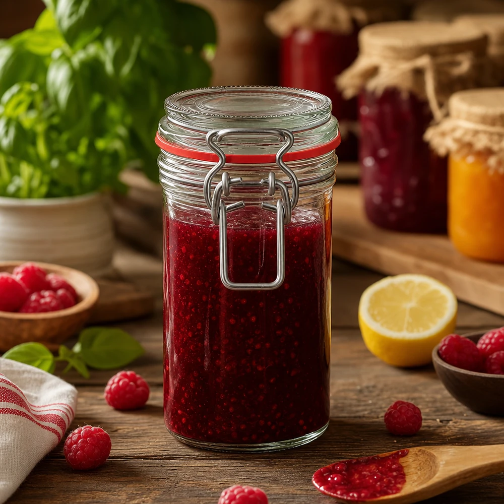 272ml Vorratsglas Typ G mit Bügelverschluss UN.. 272ml Vorratsglas mit Bügelverschluss und roter Dichtung gefüllt mit Marmelade für professionelle Lebensmittelaufbewahru