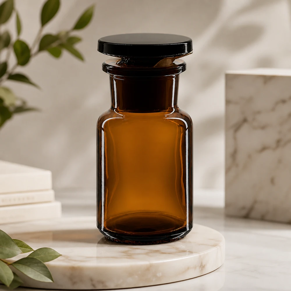 Rundschulterfl. 50ml braun Weithals Glasstopfen Braune Weithals-Rundschulterflasche 50ml aus Glas mit Glasstopfen für professionellen Laboreinsatz