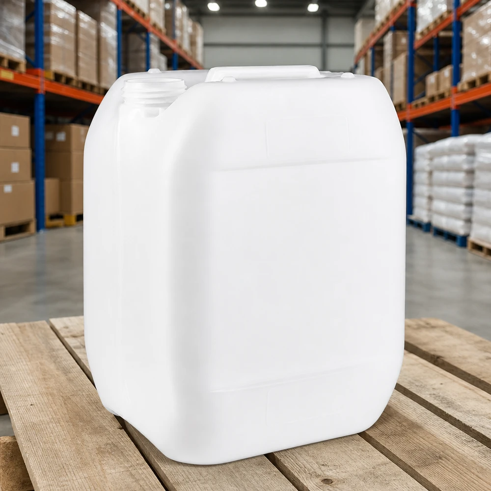 Weißer HDPE-Kanister 10 Liter ohne Verschluss für gewerblichen Einsatz auf Palette im Lager