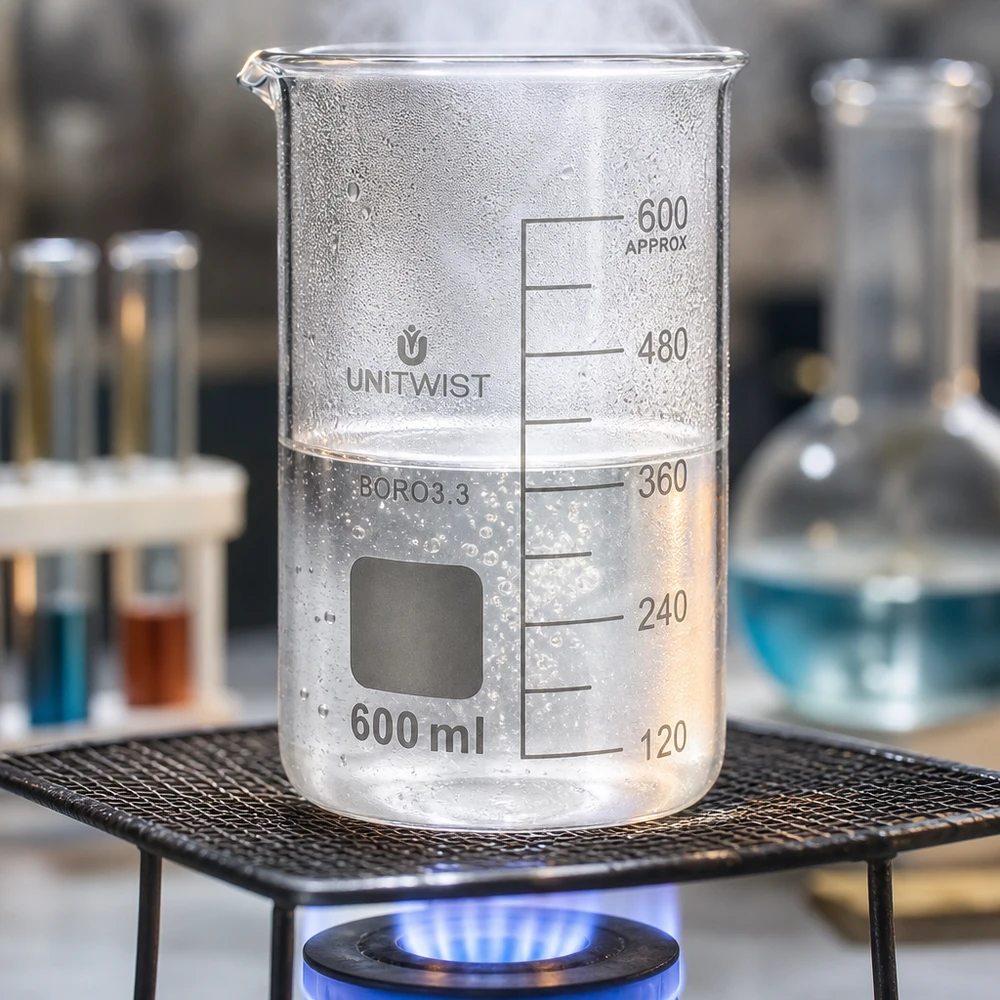 Becherglas 600ml Borosilikat, hohe Form UNiTWIST Becherglas 600ml Borosilikat hohe Form UNITWIST auf Bunsenbrenner im Labor professioneller Einsatz