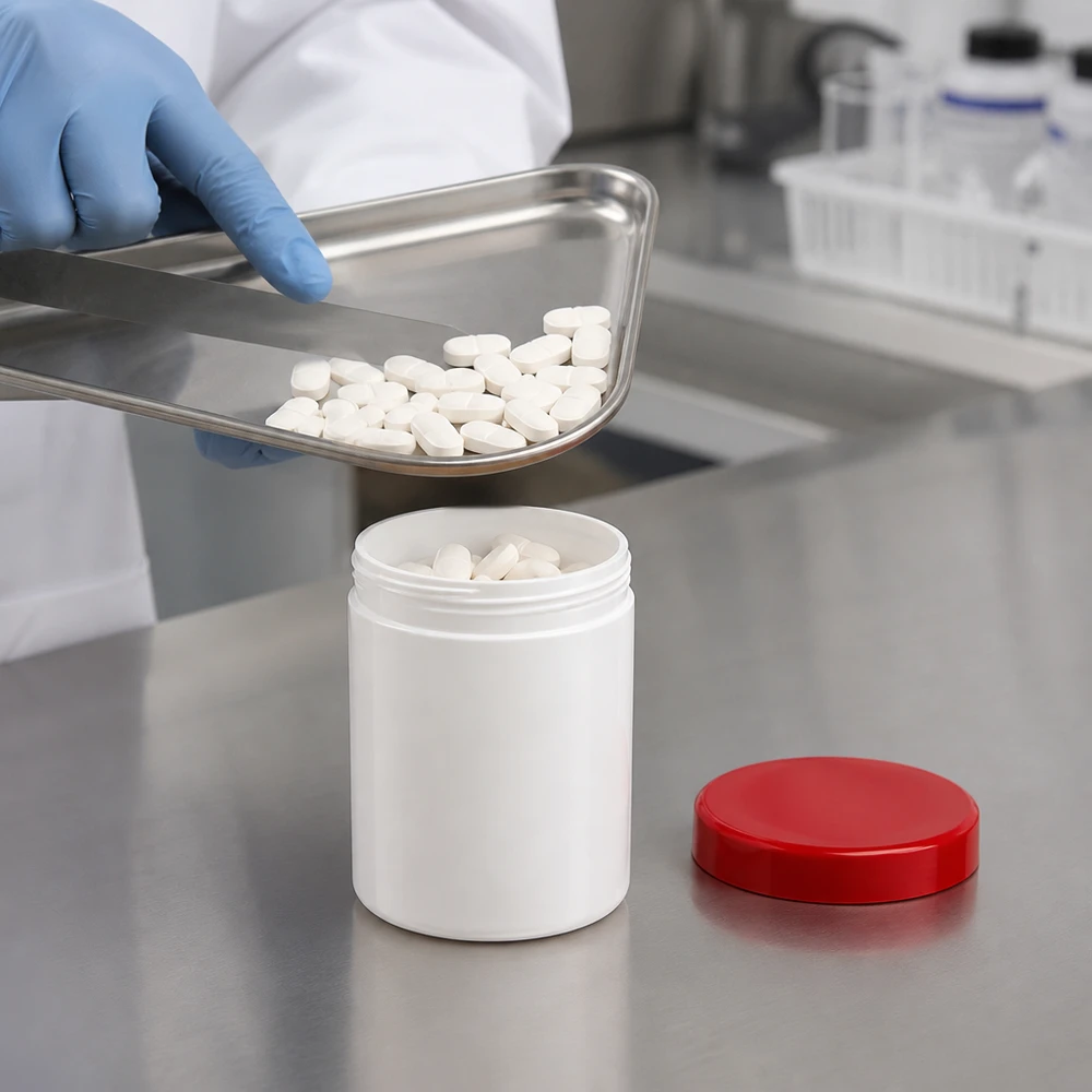 Salbenkruke 200g weiß mit rotem Schraubdeckel (Polypropylen) Salbenkruke 200g weiß PP-Kunststoff mit rotem Schraubdeckel für pharmazeutische Abfüllung Pacadura