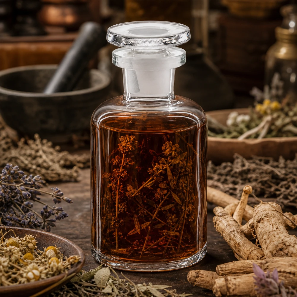 Rundschulterflasche 50ml klar Enghals Glasstopfen Rundschulterflasche 50ml klar Enghals mit Glasstopfen für Kräutertinkturen und Labor