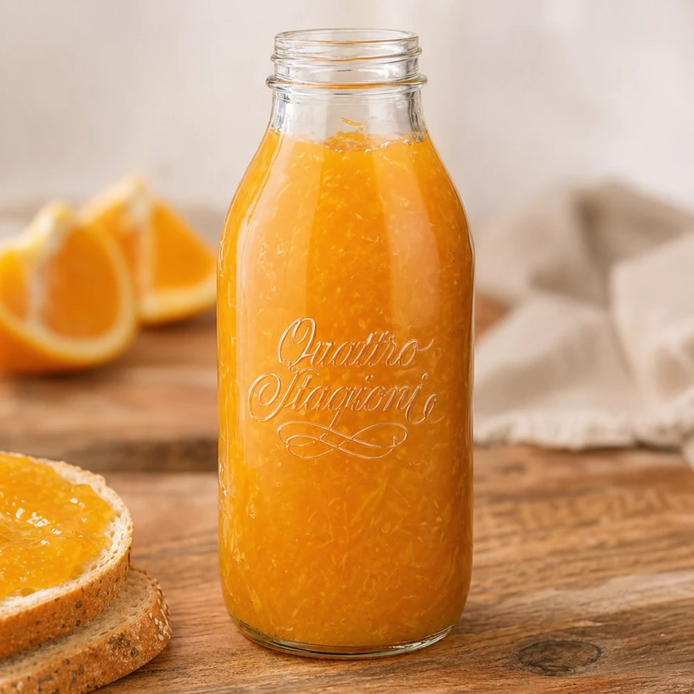 1000ml Glasflasche "Quattro Stagioni" QS56mm 1000ml Weithalsflasche Quattro Stagioni mit frischem Orangensaft auf Holztisch mit Orangenscheiben