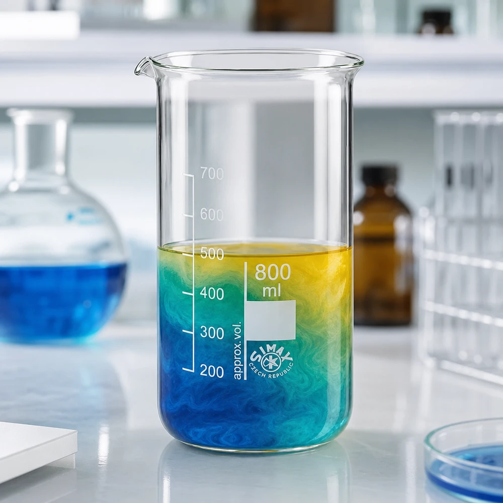 Becherglas 800ml Borosilikatglas, hohe Form Becherglas 800ml hohe Form Borosilikatglas mit farbiger Flüssigkeit im Labor Profiqualität Pacadura