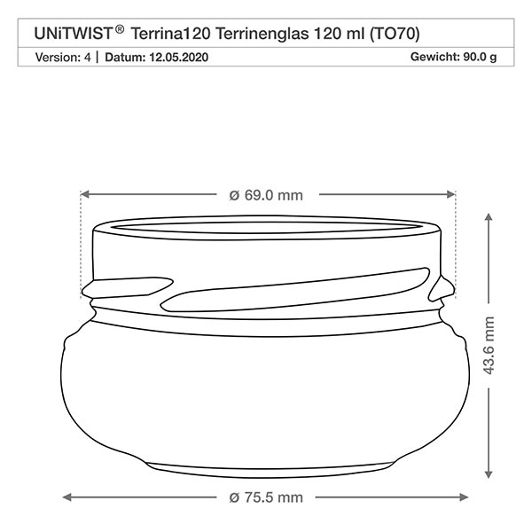 UNiTWIST Terrina120 Terrinenglas 120ml TO70 mit technischer Zeichnung und Maßangaben 69mm Durchmesser 43,6mm Höhe