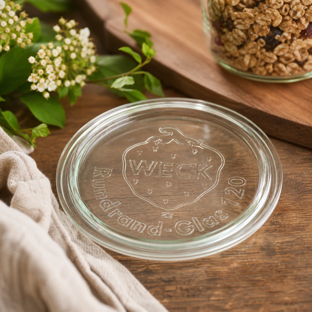WECK Glasdeckel RR120 Detailaufnahme mit geprägtem Logo auf Holzuntergrund neben Walnüssen und weißen Blüten