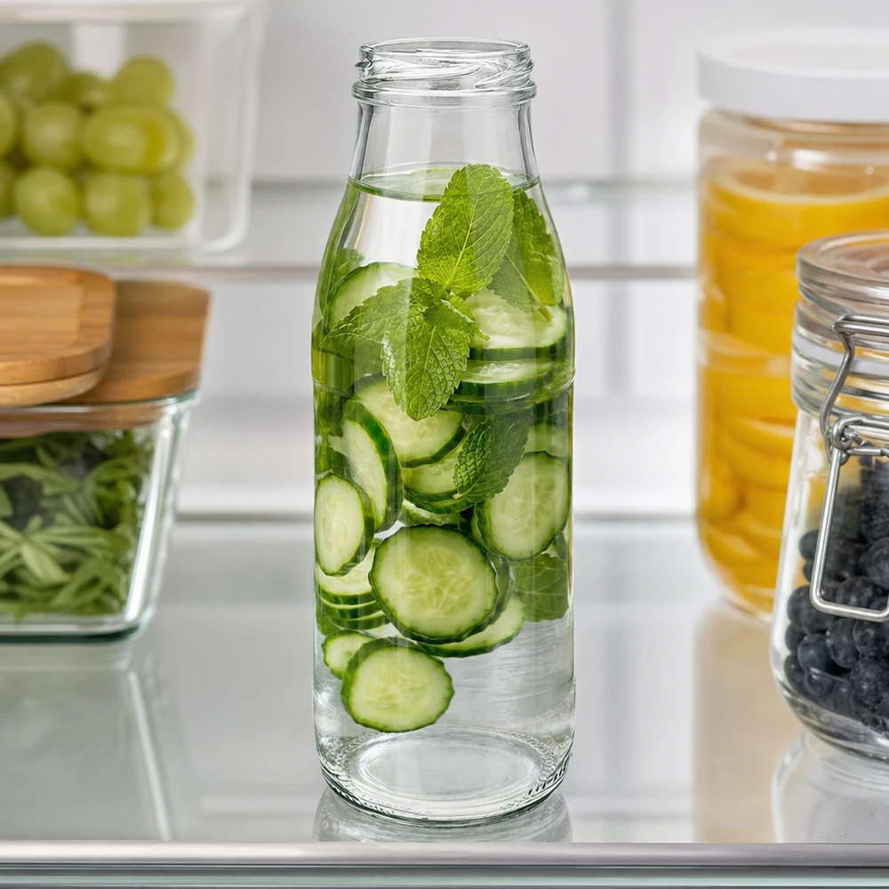 500ml Glasflasche TO48 UNiTWIST mit Gurken-Minz-Infusion in modernem Kühlschrank für Gastronomie und Hotellerie