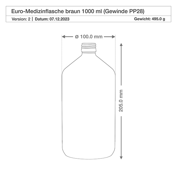 1000ml Medizinflasche braun, ohne Verschluss PP28 ApoGlas 1000ml Medizinflasche braun, ohne Verschluss PP28 ApoGlas