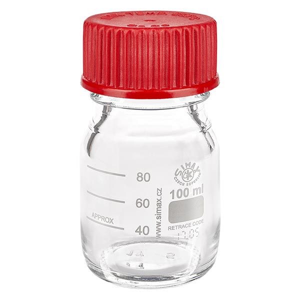 100 ml Laborgewindeflasche + rote Kappe + Ring