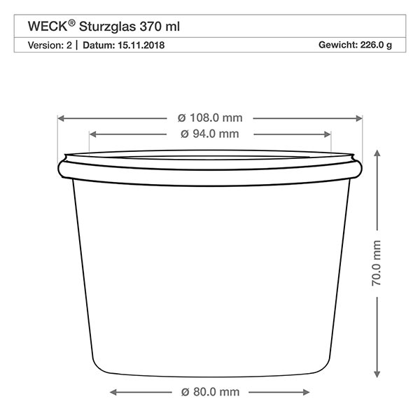 WECK Sturzglas 370ml RR100 technische Zeichnung Maße Abmessungen 108mm Durchmesser 70mm Höhe Produktspezifikation