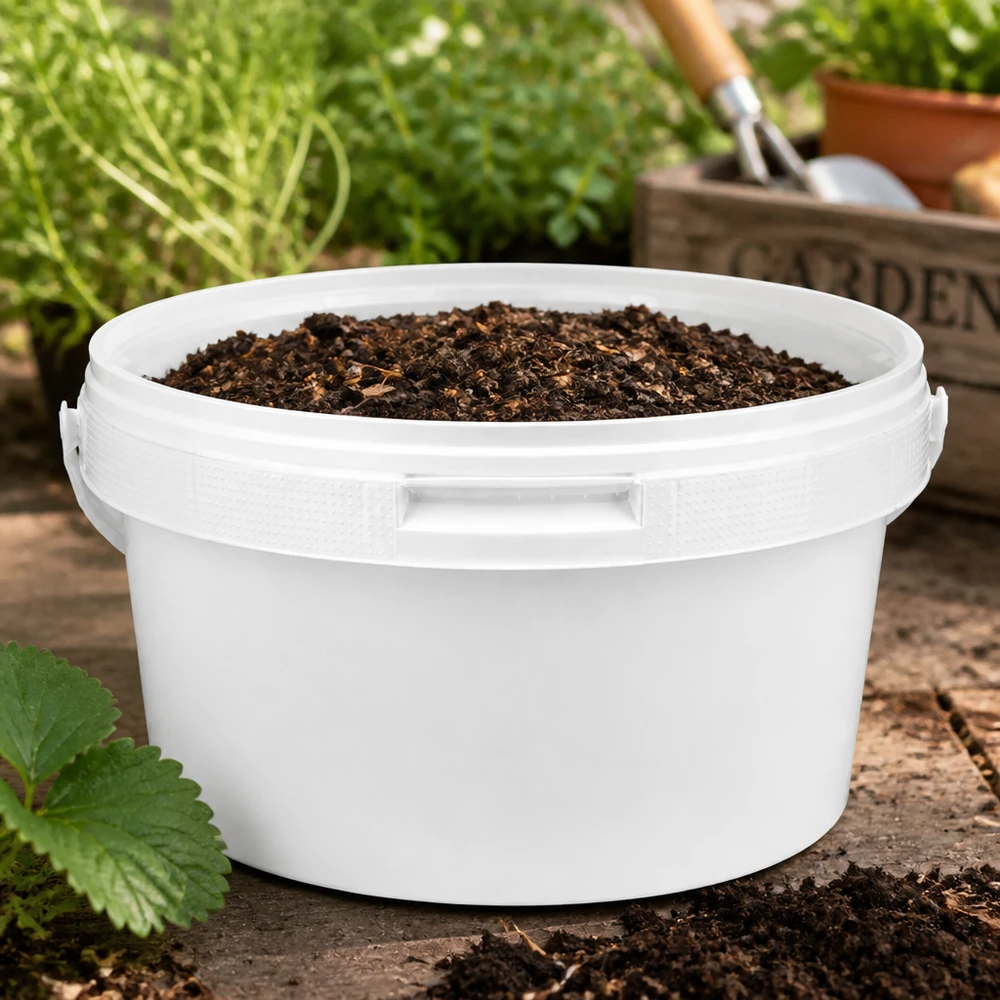 Eimer 3.5L aus weißem Kunststoff Polypropylen mit Deckel Weißer Kunststoffeimer 3,5L aus PP mit Deckel für professionellen Einsatz im Gartenbau gefüllt mit Erde
