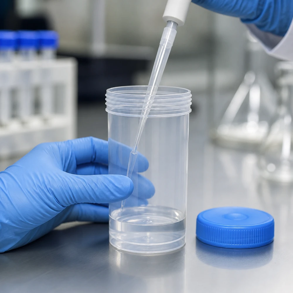 Laborant mit Latexhandschuhen befüllt 100ml Kunststoffdose Pathogefäß mit Transferpipette im Labor