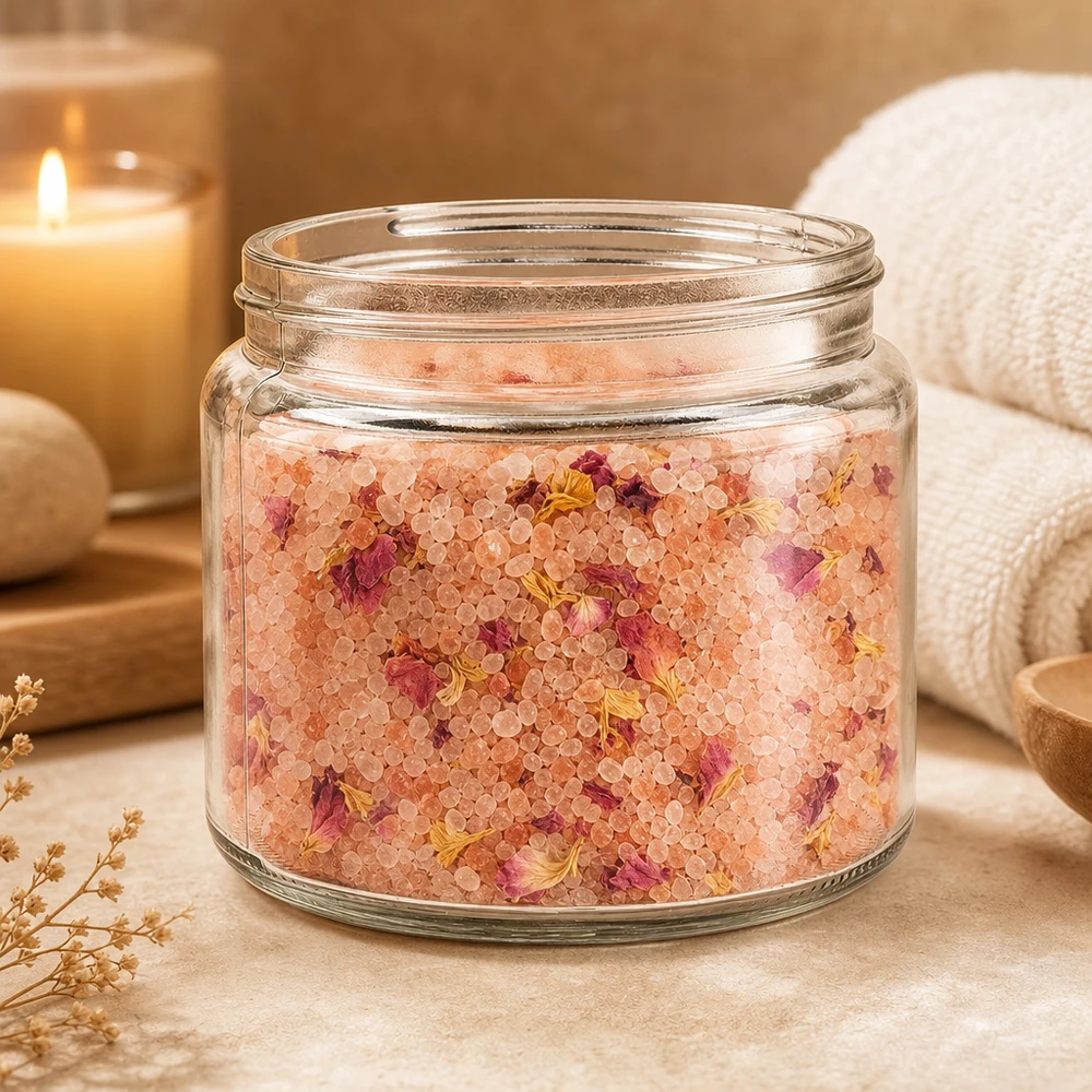 Glastiegel 250ml in natürlicher Spa-Umgebung mit Badesalz Blüten Kerzen und Handtuch dekoriert