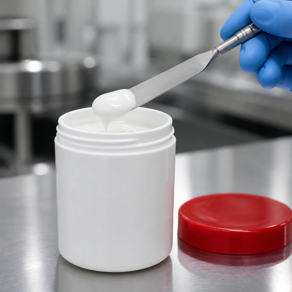 Salbenkruke 200g weiß mit rotem Schraubdeckel (Polypropylen) Salbenkruke 200g weiß PP mit rotem Schraubdeckel für professionelle Abfüllung von Cremes und Salben