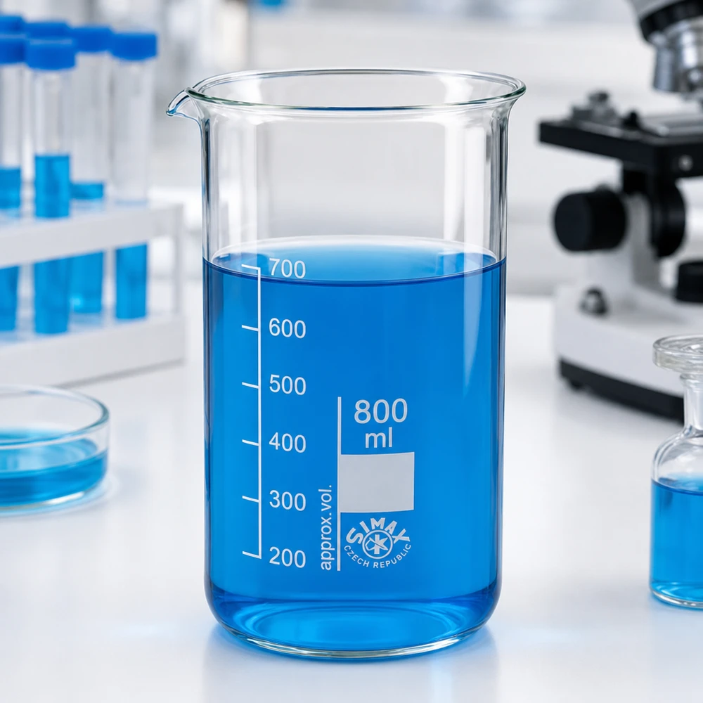 Becherglas 800ml Borosilikatglas, hohe Form Becherglas 800ml hohe Form aus Borosilikatglas mit blauer Flüssigkeit im Labor für professionellen Einsatz
