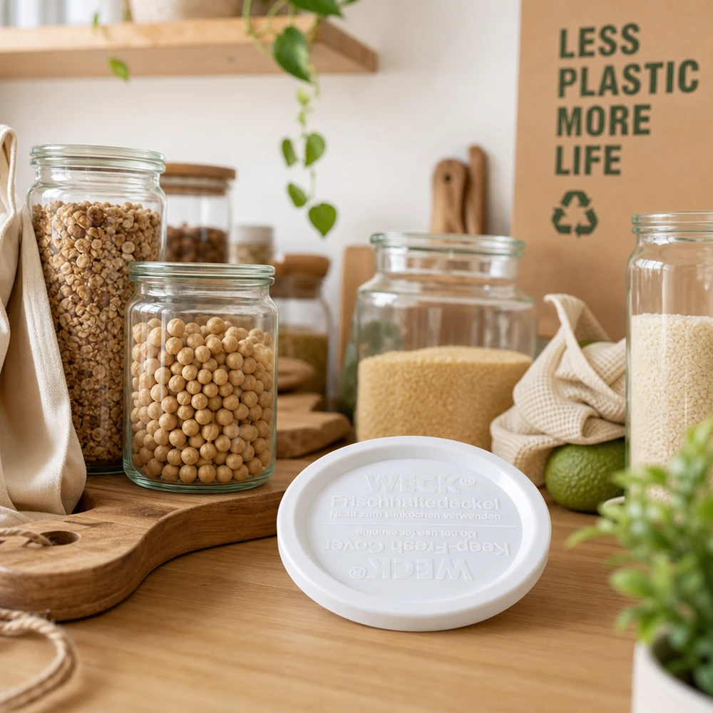 WECK Frischhaltedeckel RR120 WECK REX Frischhaltedeckel RR120 weiß in nachhaltiger Zero-Waste Küche mit Vorratsgläsern und Holzutensilien
