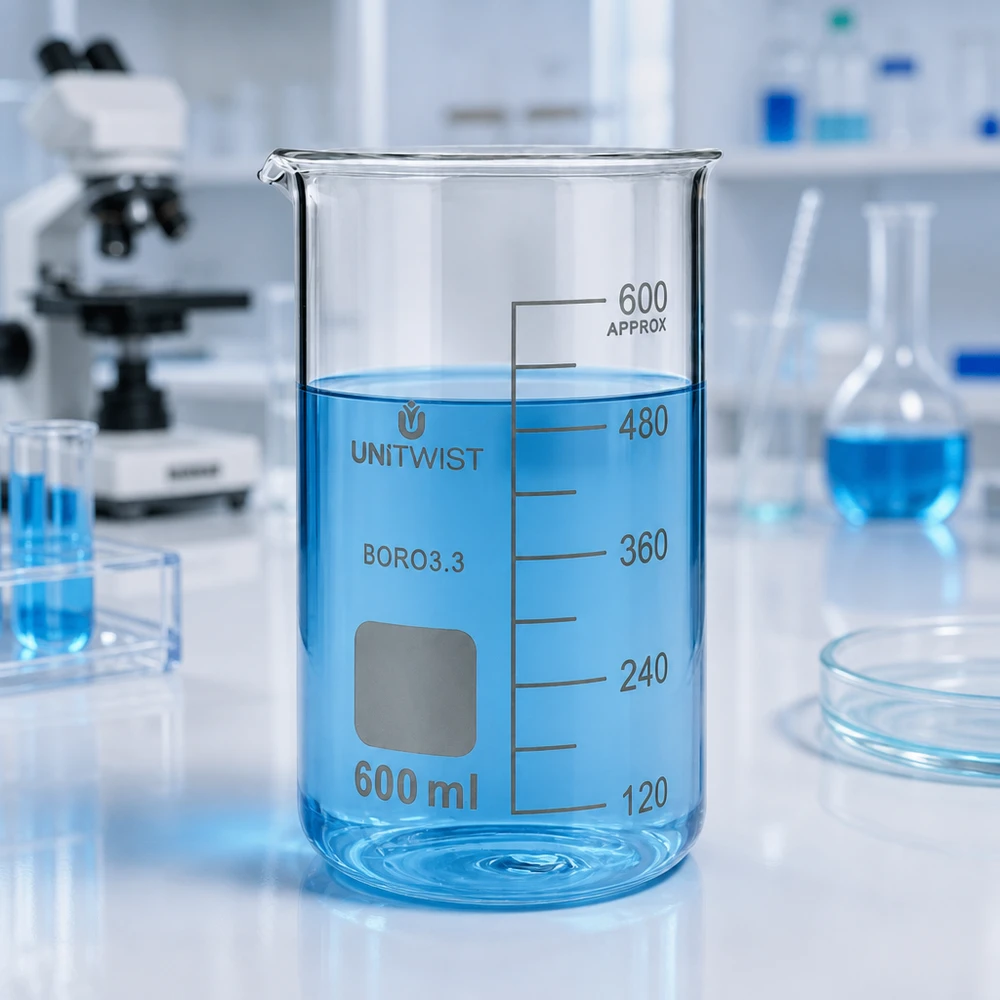 Becherglas 600ml Borosilikat, hohe Form UNiTWIST Becherglas 600ml Borosilikatglas hohe Form UNITWIST mit blauer Flüssigkeit im Labor für professionellen Einsatz