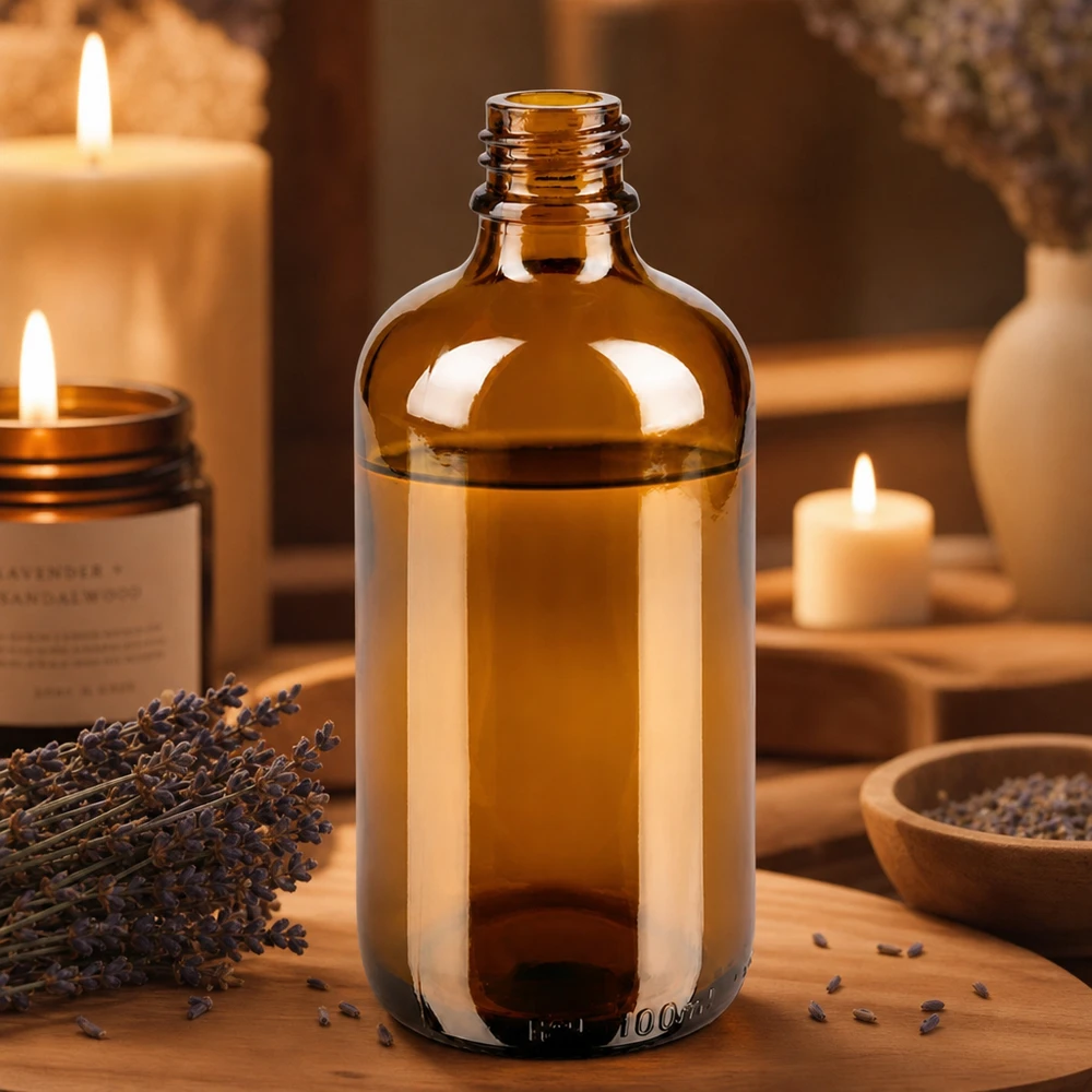 Braune 100ml ApoGlas Apothekerflasche mit Lavendel Aromatherapie und Kerzen in warmem Ambiente auf Holz
