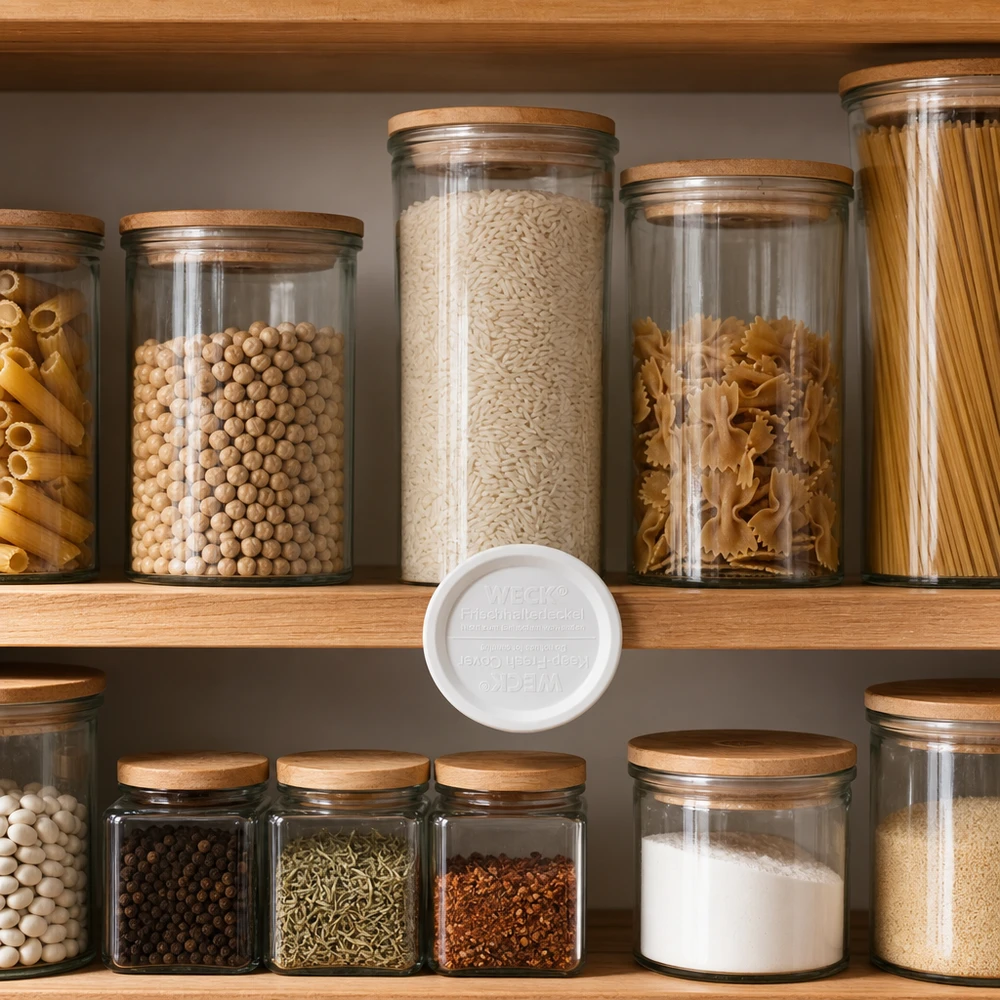 WECK Frischhaltedeckel RR120 weiß in organisierter Speisekammer mit Pasta Reis Hülsenfrüchten Gewürzen Vorratsgläsern