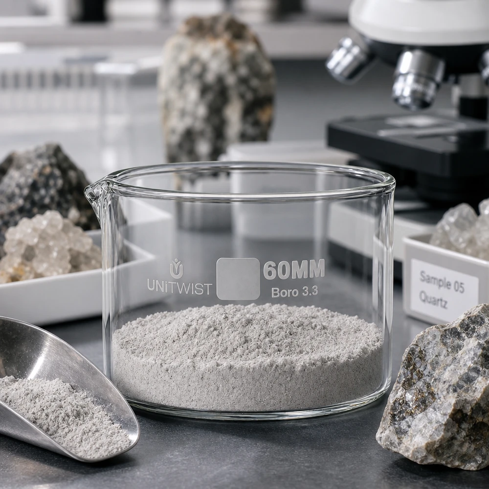 Kristallisierschale ø60mm Borosilikatglas UNiTWIST Kristallisierschale 60mm Borosilikatglas Boro 3.3 UNiTWIST mit Mineralpulver im Labor