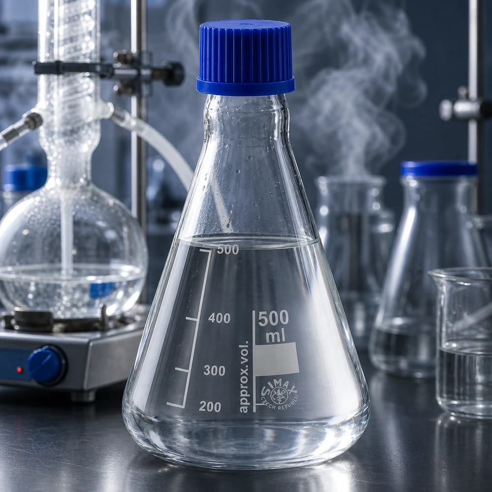 Erlenmeyerkolben 500ml mit Schraubkappe Erlenmeyerkolben 500ml Borosilikatglas mit blauer Schraubkappe für professionelle Laboranwendungen