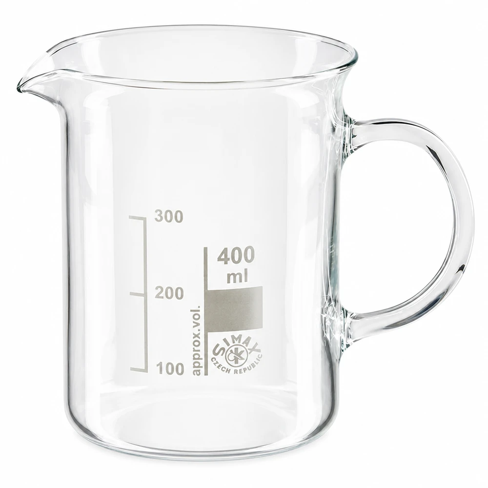 Becherglas 400ml Borosilikatglas, mit Henkel Becherglas 400 ml Borosilikatglas mit Henkel und Skala für professionellen Laboreinsatz