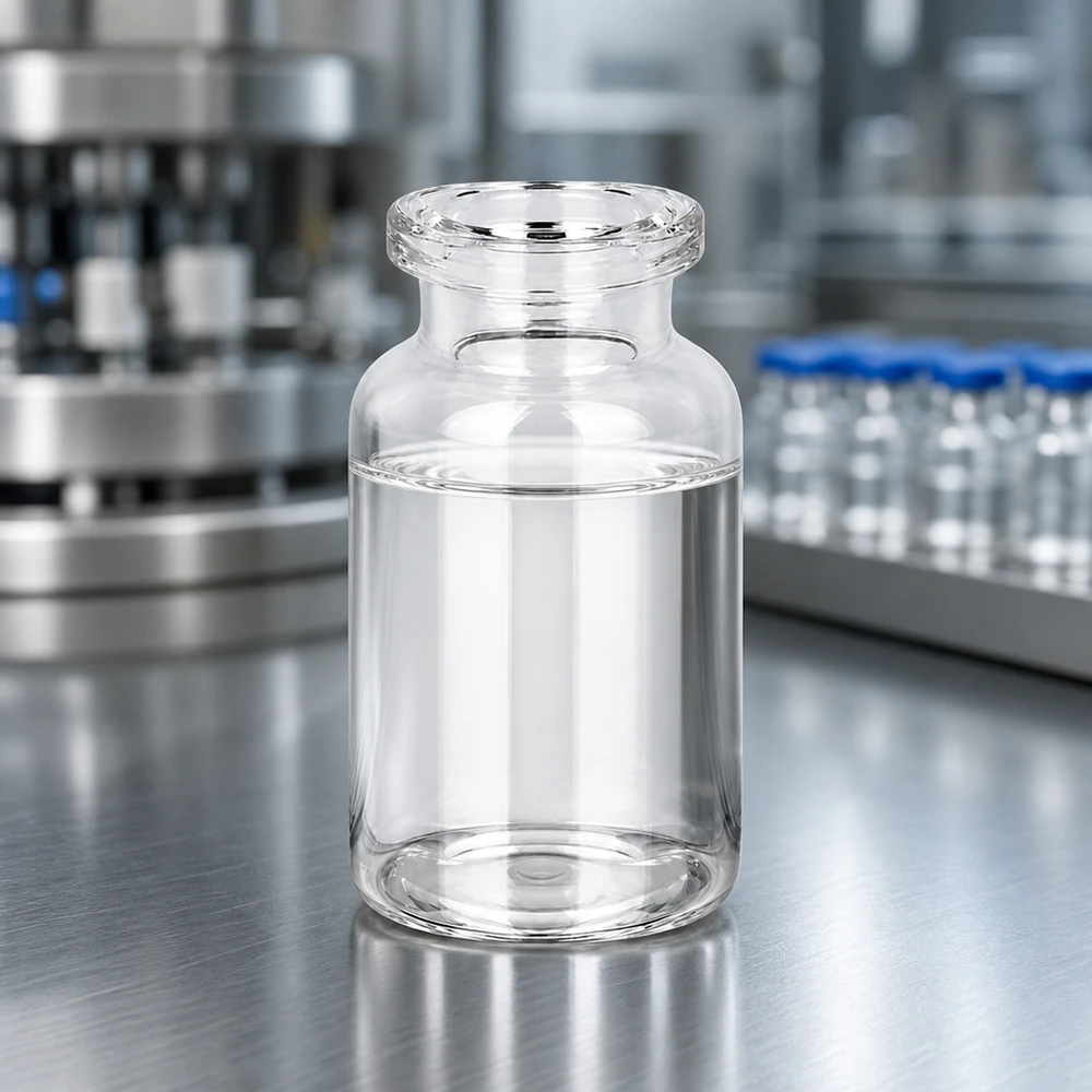 Injektionsflasche Klarglas 10ml für pharmazeutischen Einsatz auf Edelstahloberfläche im Labor