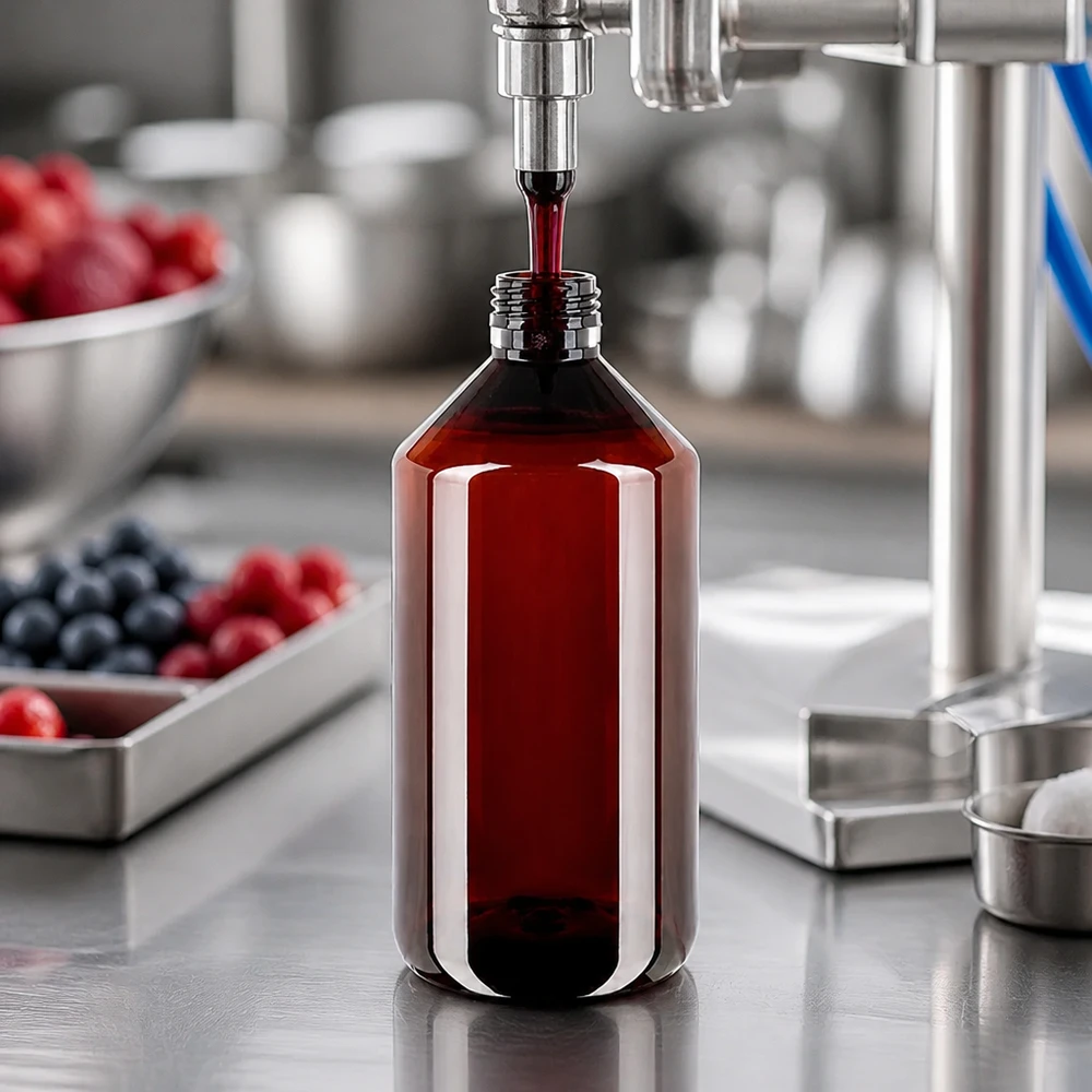 PET Flasche 750ml PP28 ohne Verschluss PET Flasche 750ml PP28 Gewinde bernsteinfarben befüllt mit Fruchtsaft industrielle Abfüllanlage