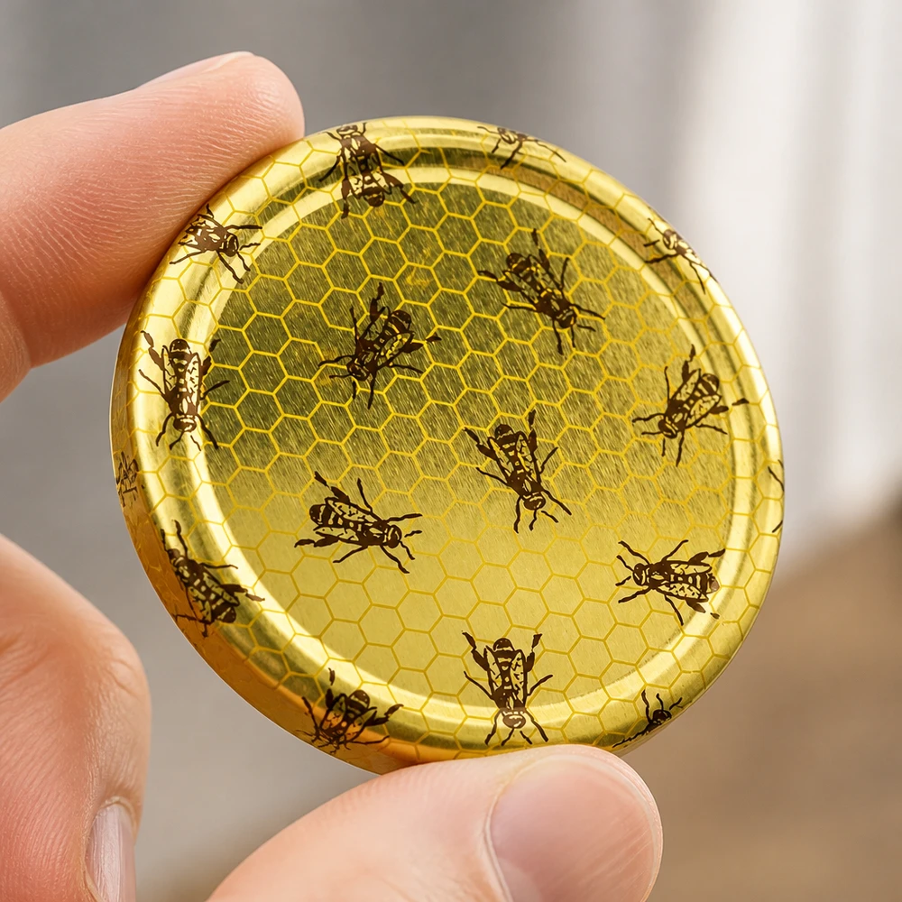 82mm BasicSeal Deckel Bienenwabe (TO82) UNiTWIST 82mm BasicSeal TO82 Einmachdeckel gold Bienenwabe-Motiv aus Weißblech für gewerbliche Lebensmittelabfüllung
