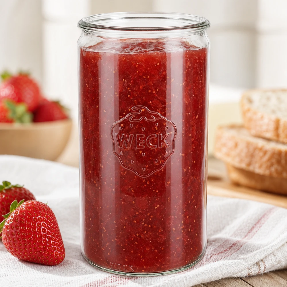 WECK RR100 Zylinderglas 1590ml mit Erdbeermarmelade gefüllt zeigt professionelle Konservierungsqualität für Gastronomieb