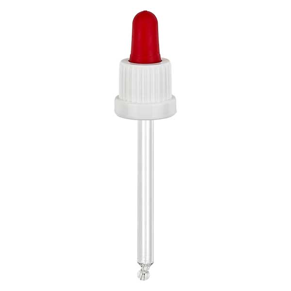 Glas-Tropfpipette weiß/rot 18mm PL78 Originalitätsverschluss Glas-Tropfpipette weiß/rot 18mm PL78 Originalitätsverschluss