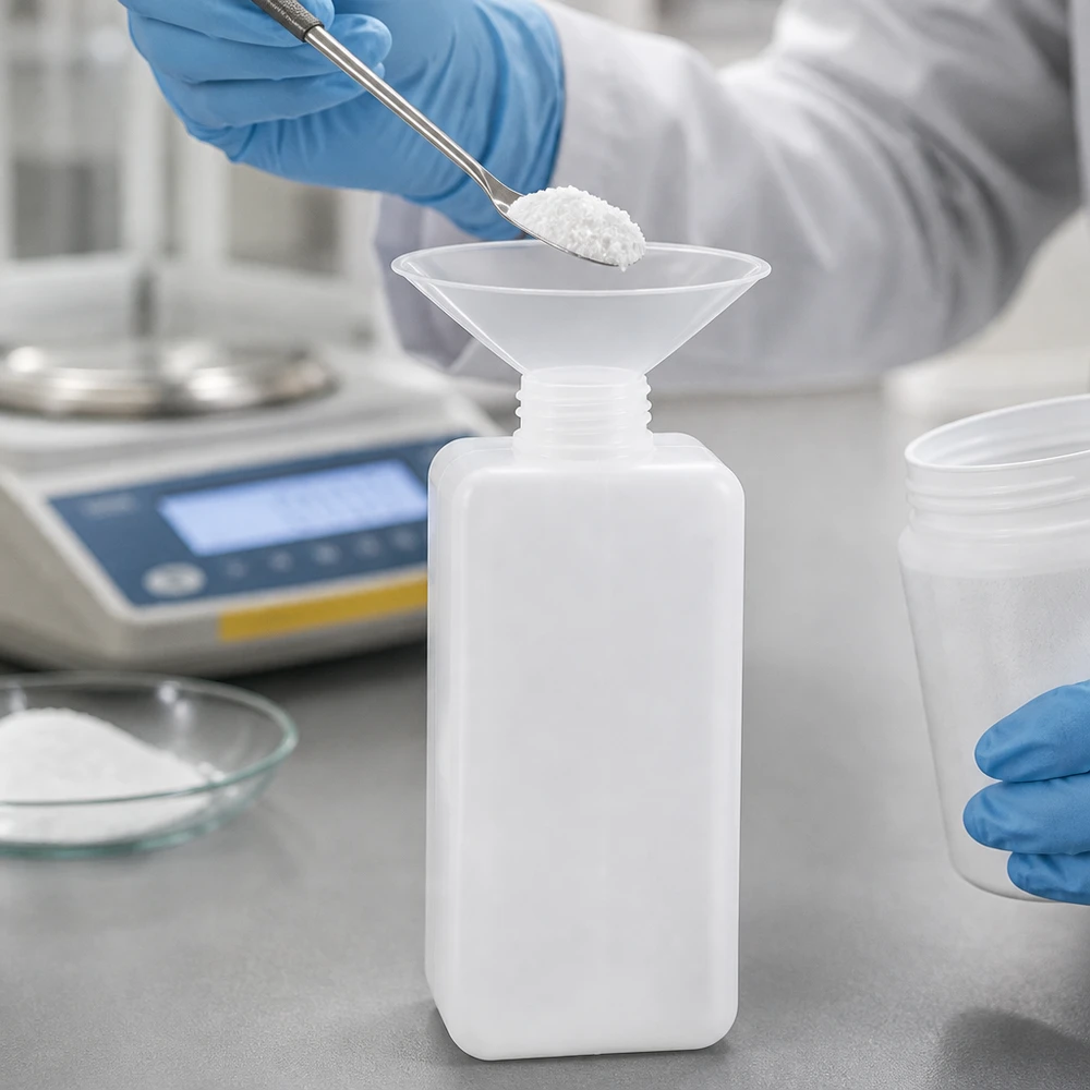 Chemikalienflasche 1000ml PE-HD Enghals GL32 für professionellen Laboreinsatz beim Abfüllen von Pulver