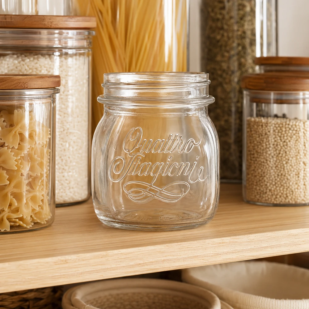250ml Quattro Stagioni Haushaltsglas leer auf Holzregal zwischen gefüllten Vorratsgläsern mit Pasta und Getreide