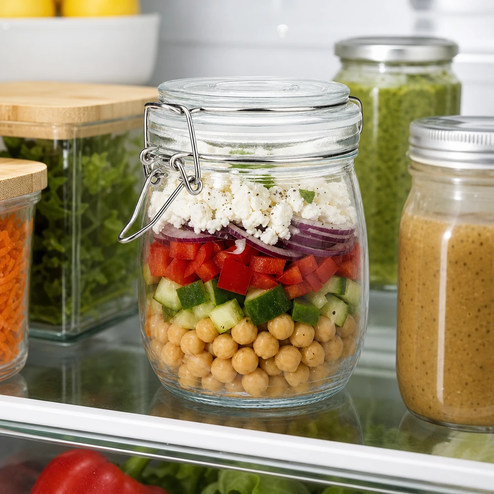 750ml Vorratsglas mit Silikonring und Bügelverschluss UNiTWIST 750ml Vorratsglas mit Bügelverschluss für professionelle Lebensmittellagerung im Kühlschrank gefüllt mit Salat