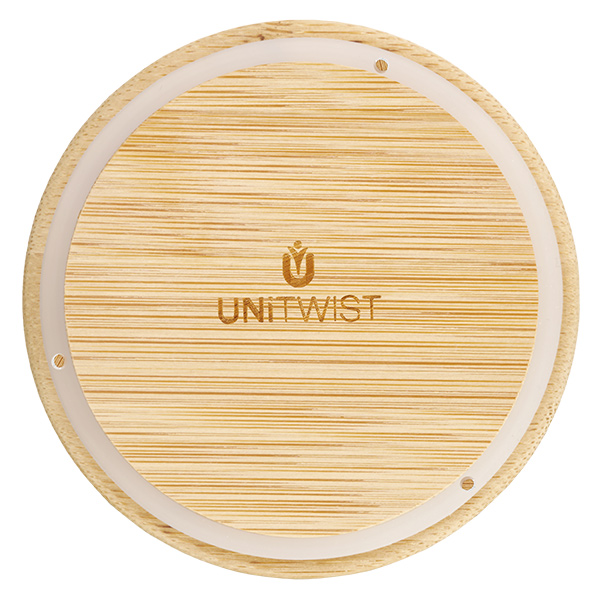 UNITWIСT Holzdeckel für WECK RR100 von oben mit sichtbarem Logo und Holzmaserung auf weißem Hintergrund