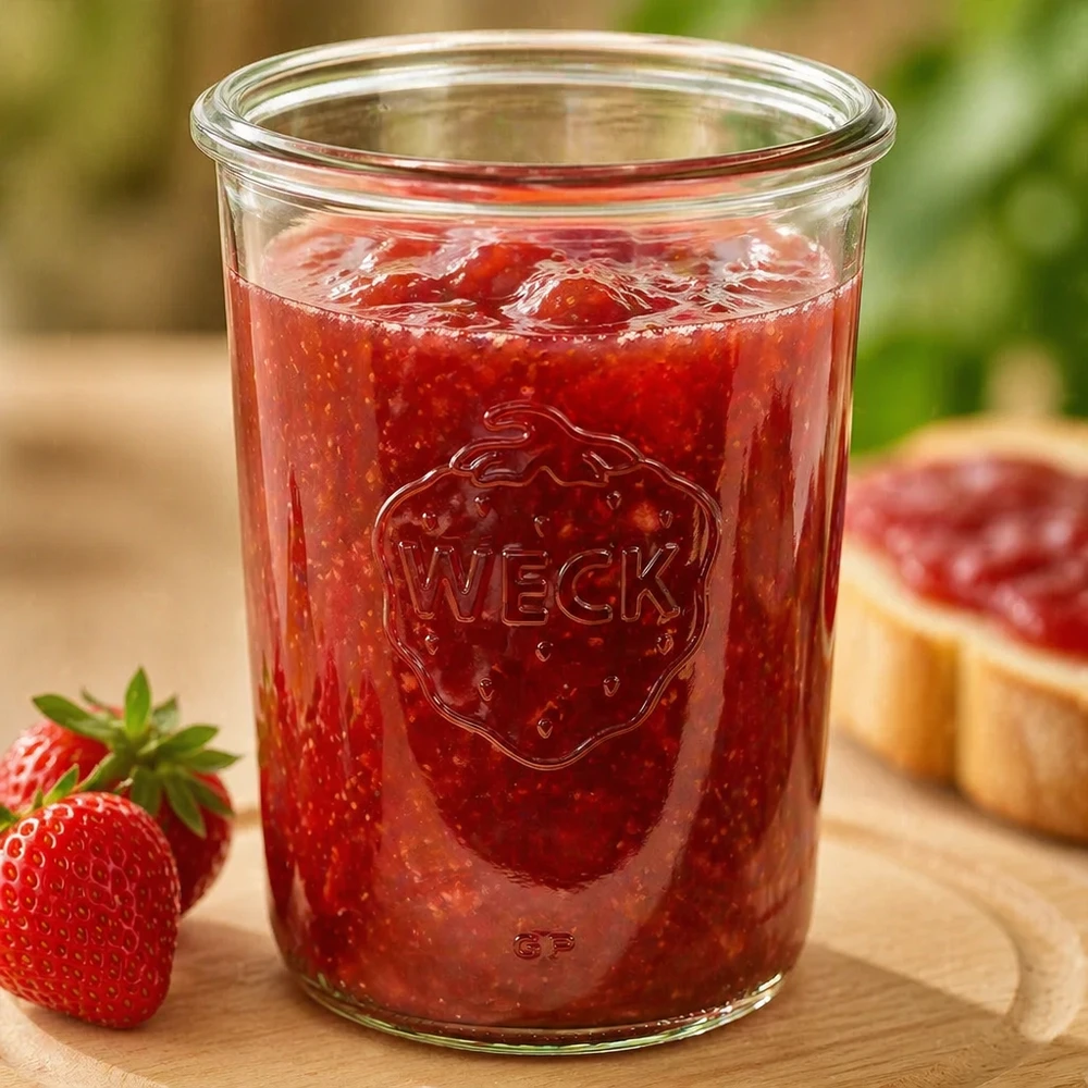 850ml WECK Sturzglas RR100 mit Erdbeermarmelade befüllt für professionelle Konservierung im Großhandel