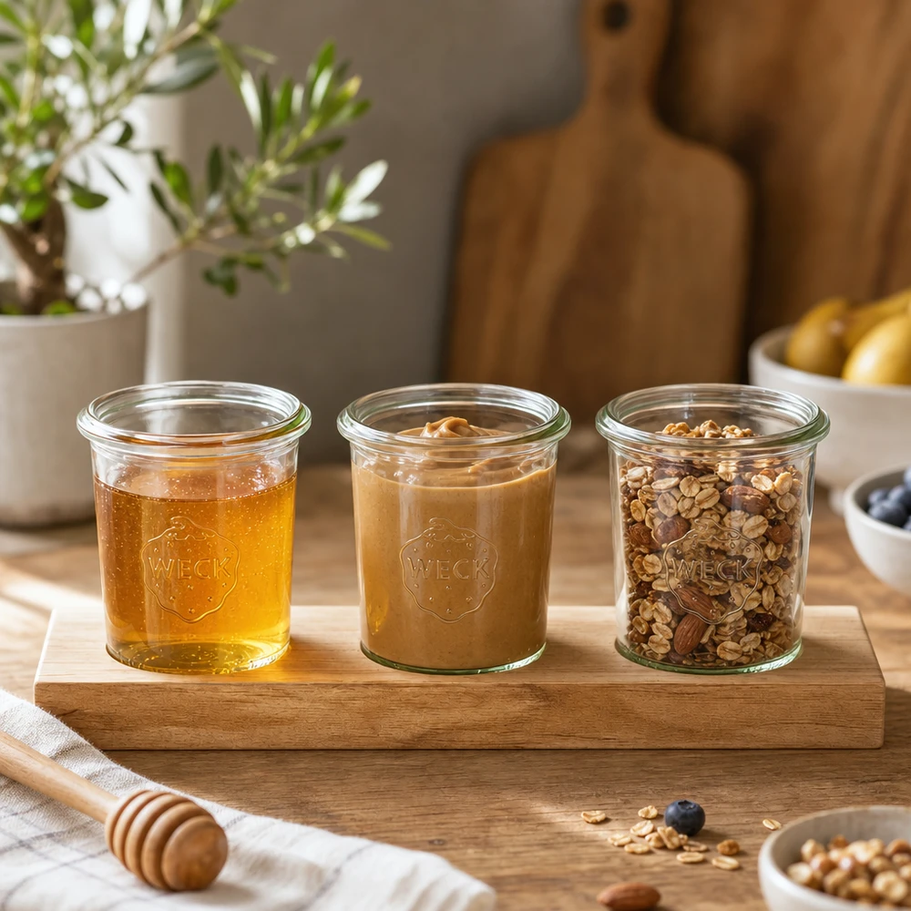 Servierbrett Plano3 mit 3 Weck Sturzgläsern 160ml Holz-Servierbrett mit Weck Gläsern 160ml gefüllt mit Honig Nussbutter und Müsli in moderner Küche