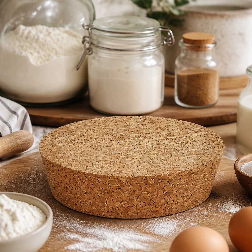 Korken für Öffnung 75mm WECK RR80 (ø72/82, H=20mm) WECK RR80 Korken Naturkork rund auf Backtheke mit Mehl Eiern Backzutaten rustikale Küchendekoration natürlich