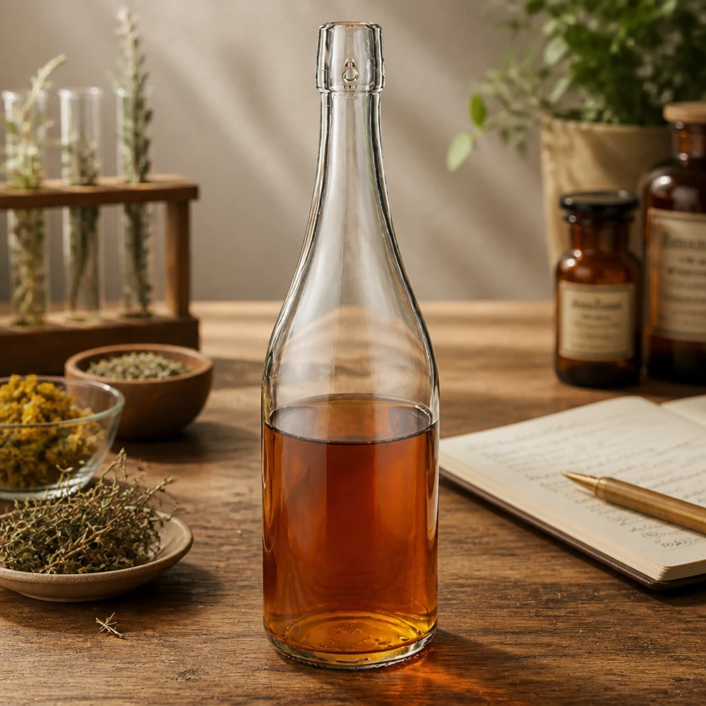 750ml Glasflasche ohne Bügelverschluss UNiTWIST® 750ml UNiTWIST Glasflasche mit Kräutertee befüllt Apotheker-Ambiente getrocknete Heilkräuter Notizbuch Rezeptbuch